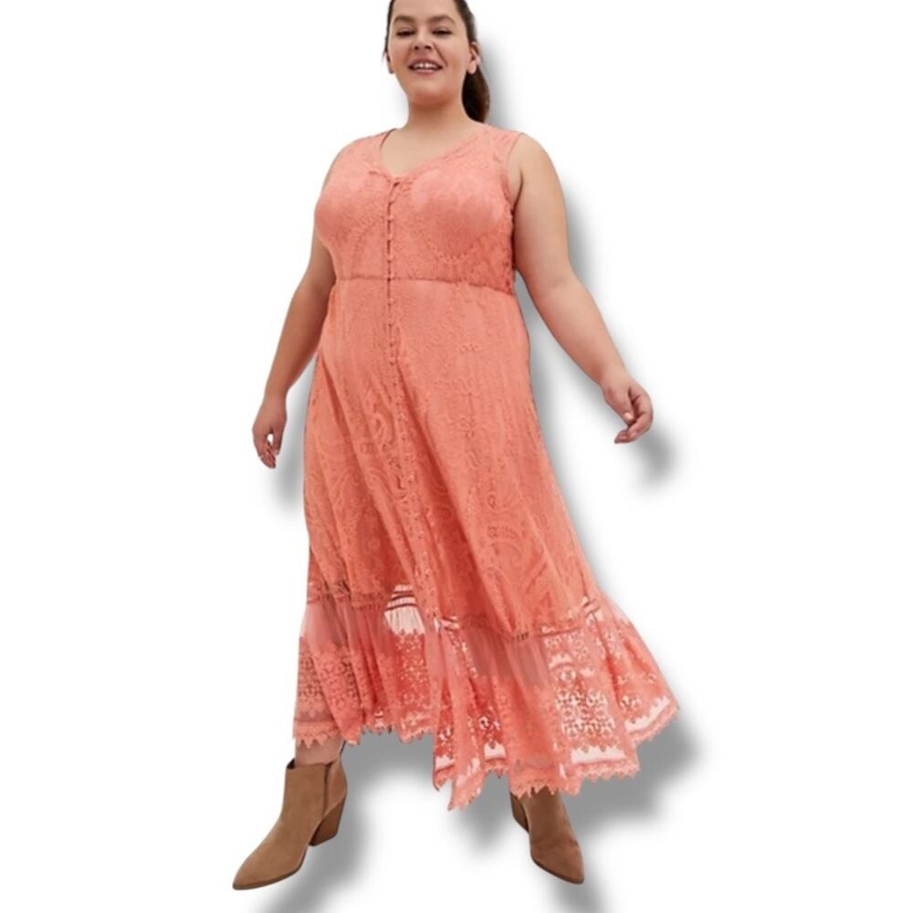 Torrid Coral Lace Button Front Maxi Sleeveless Dress Women's 2 Large Romantic‎